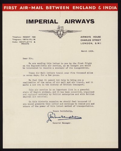 Lancering van de eerste luchtpostdienst tussen Engeland en India door Imperial Airways in maart 1929 door English School