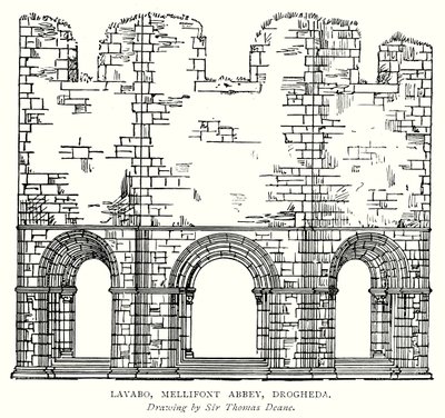 Wastafel, Mellifont Abbey, Drogheda (gravure) door English School