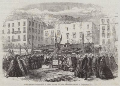 Het leggen van de eerste steen van de Christ Church, de eerste protestantse kerk in Napels door English School