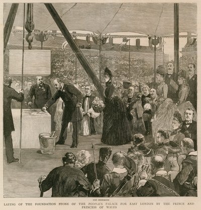 Het leggen van de eerste steen van het Peoples Palace voor Oost-Londen door de Prins en Prinses van Wales door English School