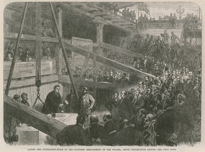 Het leggen van de eerste steen van de zuidelijke Embankment van de Thames door English School