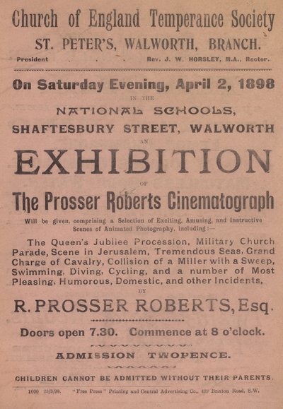 Folder die een tentoonstelling van de Prosser Roberts Cinematograph adverteert door English School
