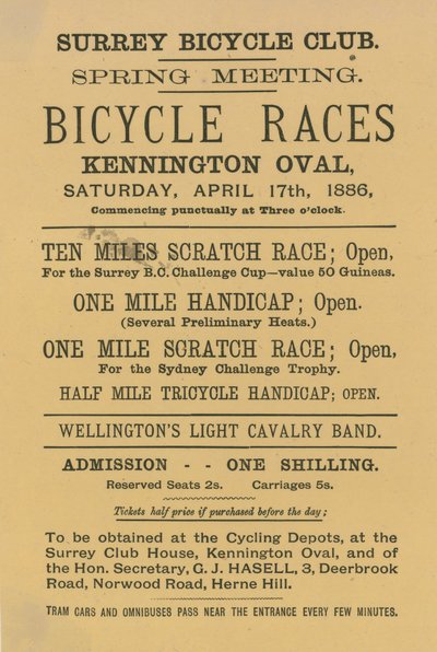 Folder die fietswedstrijden bij Kennington Oval, 17 april 1886 adverteert door English School