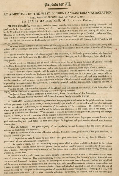 Folder die een resolutie van de West London Lancasterian Association uitlegt om in augustus 1813 onderwijs aan kinderen te beginnen geven door English School