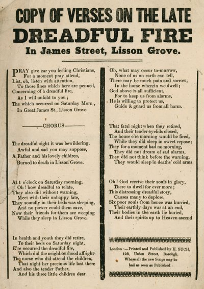 Pamflet met vers over een brand in James Street, Lisson Grove, Londen door English School