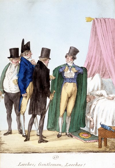 Bloedzuigers, heren, bloedzuigers: Engelse humoristische tekening van een zelfverzekerde dokter, met een zieke patiënt door English School