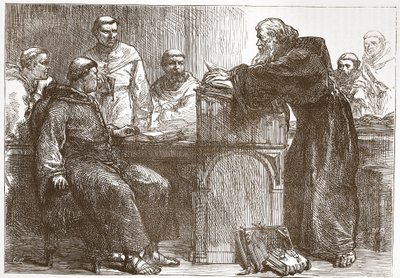 Lefevre geeft les aan de Sorbonne, illustratie uit De Geschiedenis van het Protestantisme door James Aitken Wylie, gepubliceerd in 1878 door English School