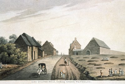 Les Quatre Bras, kijkend richting Waterloo, uitgegeven door R. Bowyer door English School