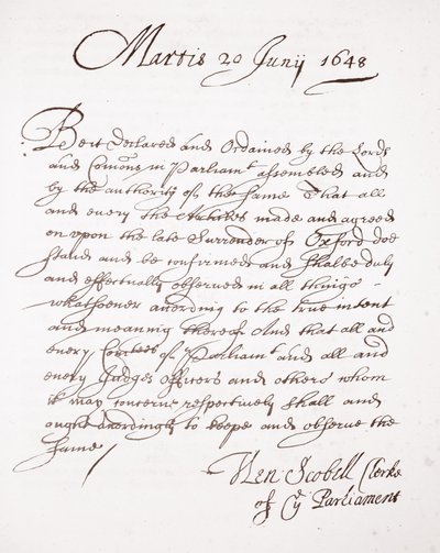 Brief van Henry Scobell, 20 juni 1648 door English School