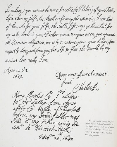 Brief van Karel II aan Montague, Graaf van Lindsey, 27 oktober 1642 door English School