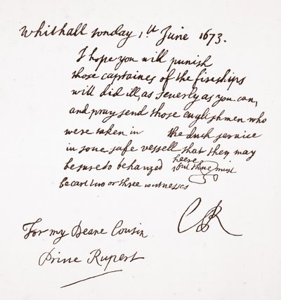 Brief van Karel II aan Prins Rupert, 1 juni 1673 door English School