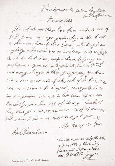 Brief van Karel II aan kanselier Lord Clarendon, 7 juni 1662 door English School