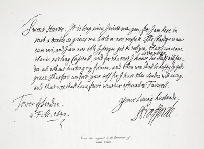 Brief van Lord Strafford aan zijn vrouw, vanuit de Tower of London, 4 februari 1640 door English School