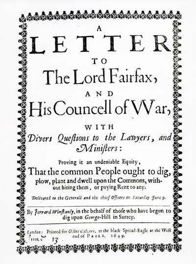 Brief aan Lord Fairfax van Gerrard Winstanley (c.1609-60) namens de Diggers op St. George Hill, Surrey, gedrukt 1649 door English School