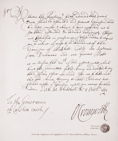 Brief aan de gouverneur van Calshott Castle van Oliver Cromwell, 1651, facsimile van het origineel in het bezit van Sir James Fellowes, Adbury House door English School