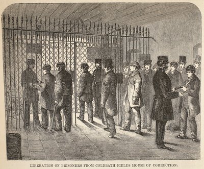 Bevrijding van gevangenen uit Coldbath Fields House of Correction, illustratie uit The Criminal Prisons of London and Scenes from Prison Life door Henry Mayhew en John Binny, uitgegeven in 1862 door English School
