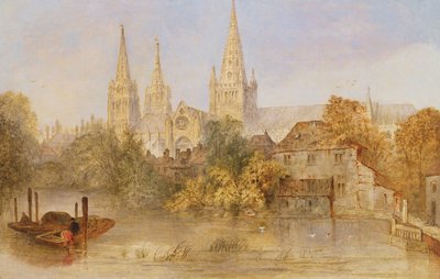 Lichfield Kathedraal vanaf Stowe Pool, c.1850 door English School