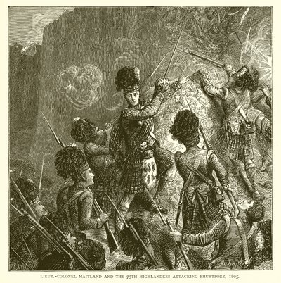 Luitenant-kolonel Maitland en de 75e Highlanders vallen Bhurtpore aan, 1805 door English School