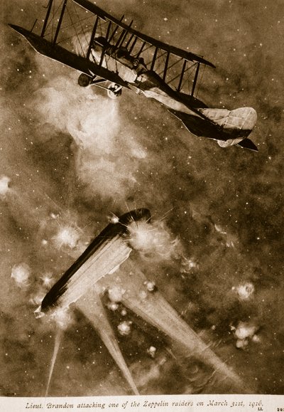 Luitenant Brandon valt een van de Zeppelin-aanvallers aan op 31 maart 1916 door English School