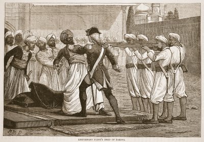 Luitenant Flints Dappere Daad, illustratie uit Cassells Geïllustreerde Geschiedenis van India door James Grant, uitgegeven 1879 door English School