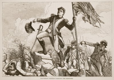 Luitenant Graham plant de standaard, illustratie uit Cassells Geïllustreerde Geschiedenis van India door James Grant, uitgegeven 1879 door English School
