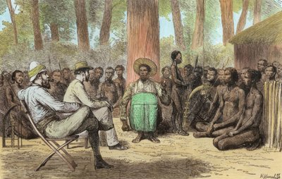 Luitenant Verney Lovett Camerons (1844-94) ontvangst door Katende, gegraveerd door Horace Harral (later ingekleurd) door English School