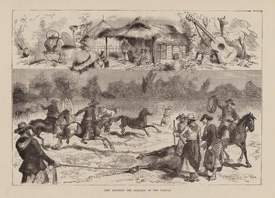 Het leven tussen de Guachos van de Pampas (gravure) door English School