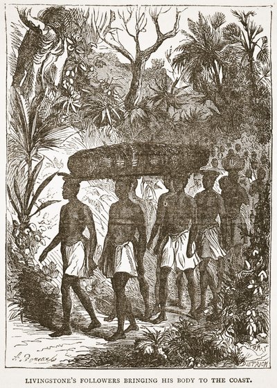 Livingstones volgelingen brengen zijn lichaam naar de kust, illustratie uit The Pictorial Edition of the Life and Discoveries of David Livingstone door J. Ewing Richie, uitgegeven door A. Fullarton & Co., 1876 door English School