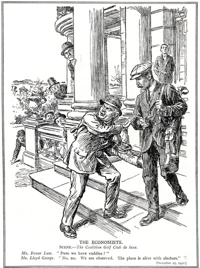 Lloyd George en Bonar Law bij de Coalition Golf Club, bang voor de Anti-Waste League, moeten het zonder caddies doen, december 1920 door English School