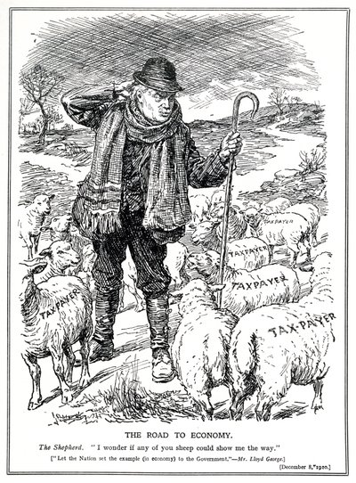 Lloyd George als de herder van Groot-Brittannië vraagt de belastingbetalers (schapen) om het herstel van de economie te leiden, december 1920 door English School