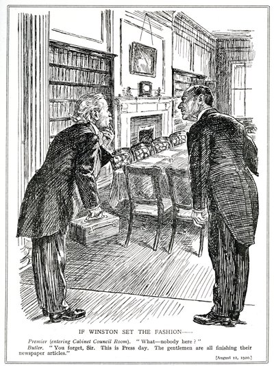 Lloyd George betreedt een kabinetkamer zonder ministers die bezig zijn met het schrijven van artikelen voor de kranten, augustus 1920 door English School