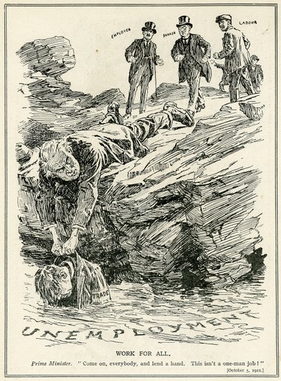 Lloyd George vertelt werkgevers, bankiers en arbeiders samen te werken om werkloosheid te verslaan, 1921 door English School