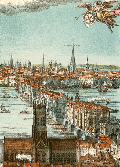 London Bridge (ingekleurde gravure) door English School