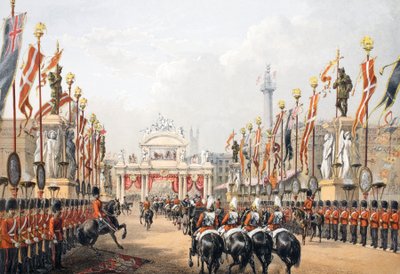 London Bridge, bewaakt door de Honourable Artillery Company of London, uit Een gedenkteken van het huwelijk van Edward VII en Alexandra van Denemarken, uitgegeven 1864 door English School