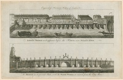 London Bridge voordat de huizen werden afgebroken, en in de huidige staat door English School