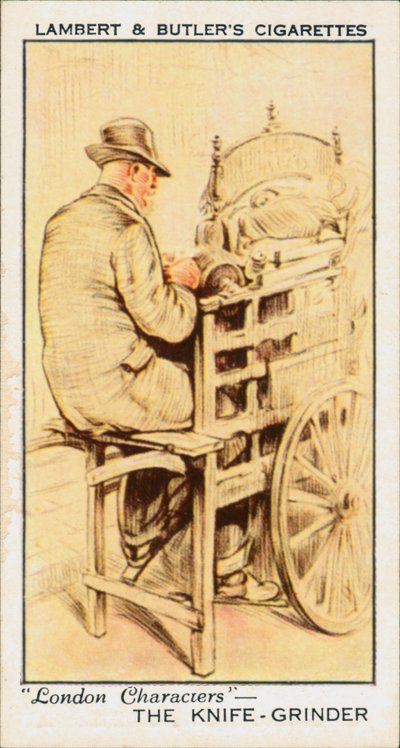 Londense personages: De messenslijper (kleurenlitho) door English School