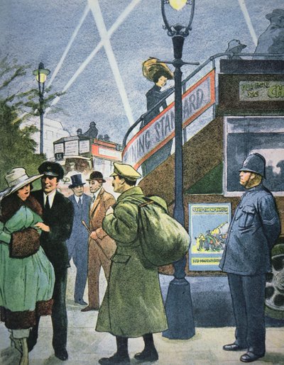 Straatscène in Londen tijdens WOI, soldaat met verlof, ca. 1914-18 door English School