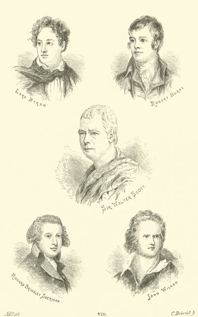Lord Byron, Robert Burns, Sir Walter Scott, Richard Brinsley Sheridan, John Wilson door English School