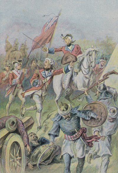 Lord Clive beveelt de Britten in de Slag bij Plassey, India, 1757 door English School