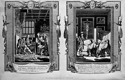 Lord Cromwell presenteert de bijbel aan Hendrik VIII en bisschoppen presenteren een petitie aan Jacobus II in 1688, uit 