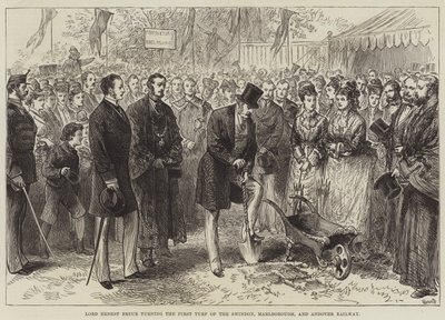 Lord Ernest Bruce legt de eerste turf van de Swindon, Marlborough en Andover spoorweg door English School