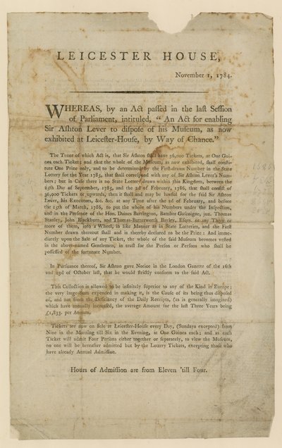 Loterij voor de verkoop van Sir Ashton Levers Museum, 1784 door English School