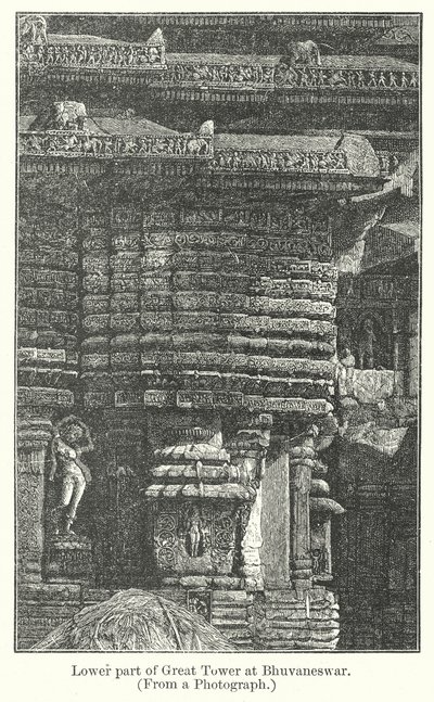 Onderste deel van de Grote Toren in Bhuvaneswar (gravure) door English School
