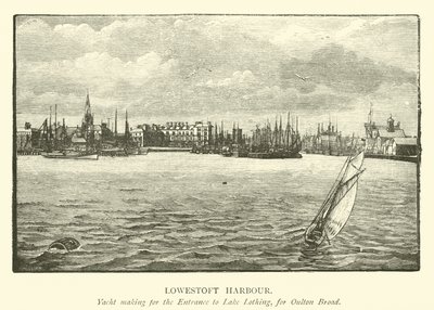 Lowestoft Haven. Jacht op weg naar de Ingang van Lake Lothing, voor Oulton Broad door English School