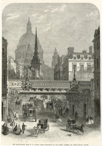 Ludgate Hill, de spoorbrug die wordt gebouwd door de London, Chatham en Dover Railway Company door English School