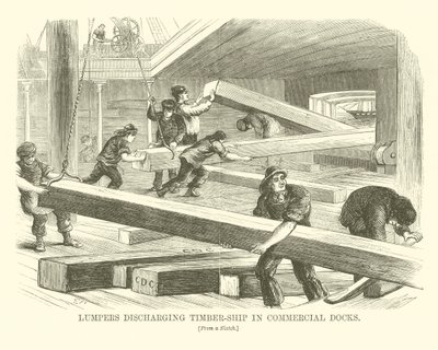 Lumpers lossen houtschip in handelsdokken (gravure) door English School