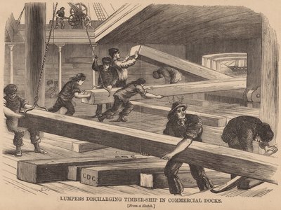 Lumpers lossen houtschip in de Commercial Docks door English School