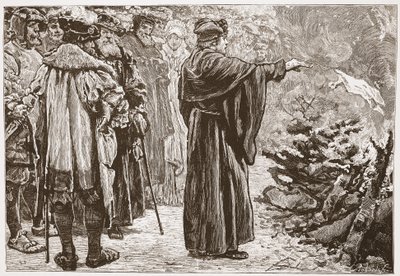 Luther die de pauselijke bul verbrandt, illustratie uit The History of Protestantism door James Aitken Wylie (1808-1890), gepubliceerd 1878 door English School