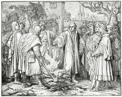 Luther verbrandt de pauselijke bul in 1520 door English School