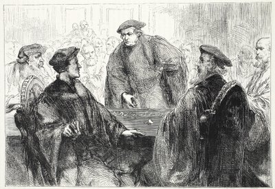 Luther en Zwingle discussiëren in Marburg, illustratie uit De Geschiedenis van het Protestantisme door James Aitken Wylie, 1878 door English School